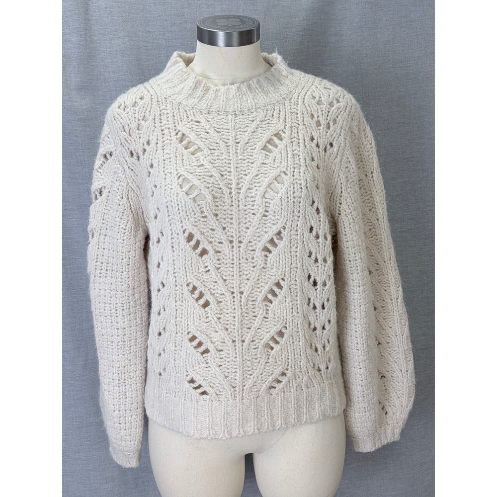 J.Crew Point Sur Sweater M Cream Pointelle Mock Neck Alpaca Wool Blend Balloon